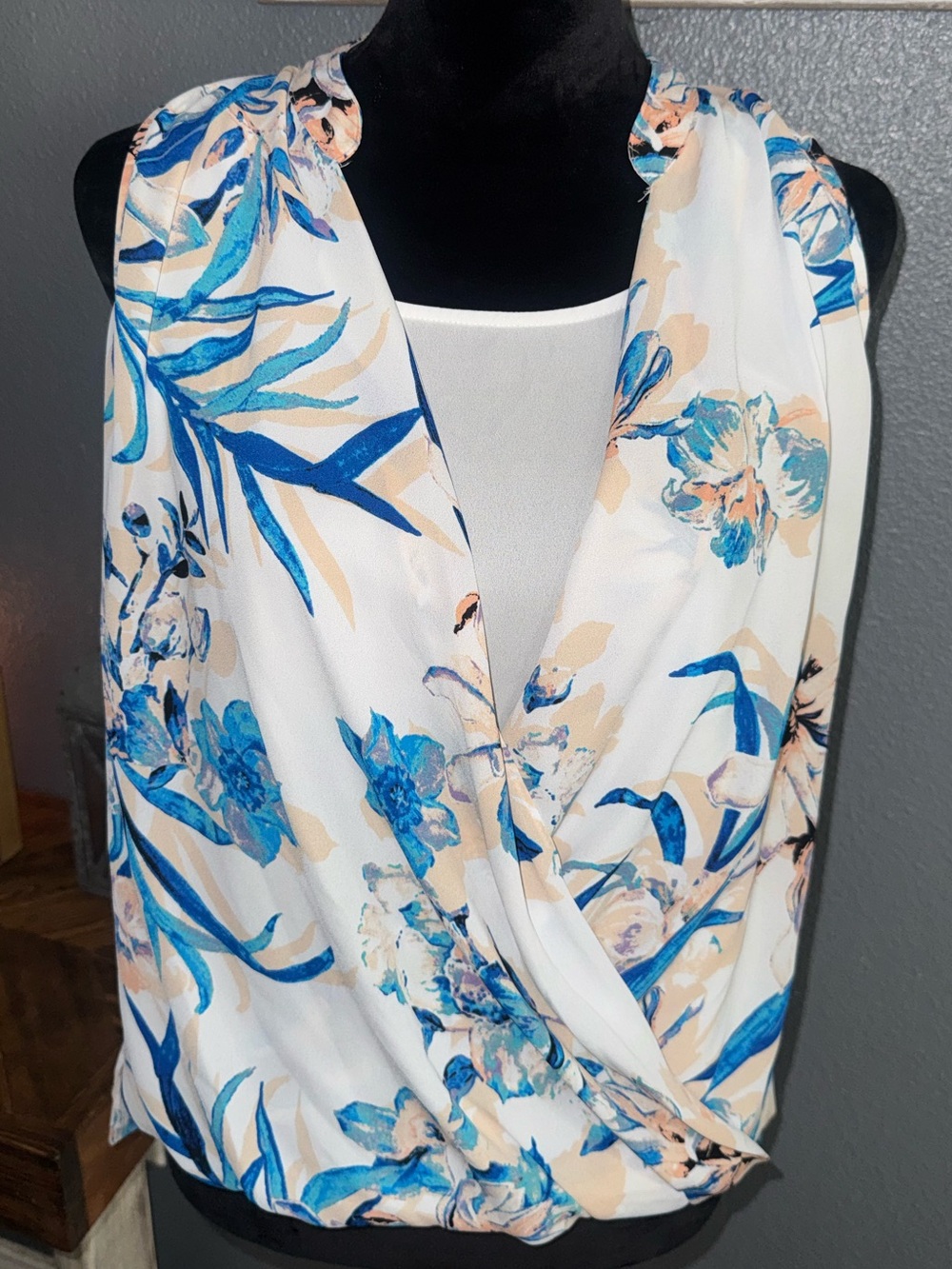 Alfani crossover White Tank Top with Blue and Peach Floral Print